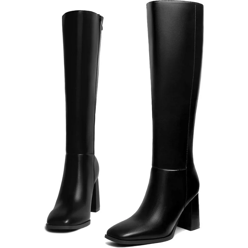 Women's Faux Leather Black Square Toe Side Zipper Chunky Heel Knee High Boots